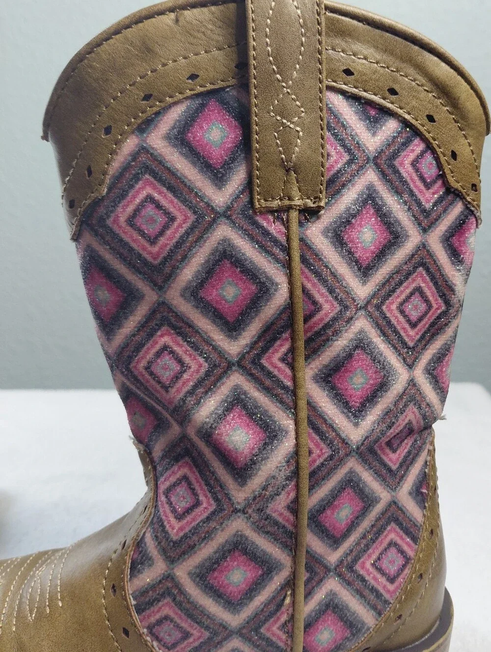 Roper Patterned Glitter Pink and Brown Western Cowboy Boots Girls Sz 12